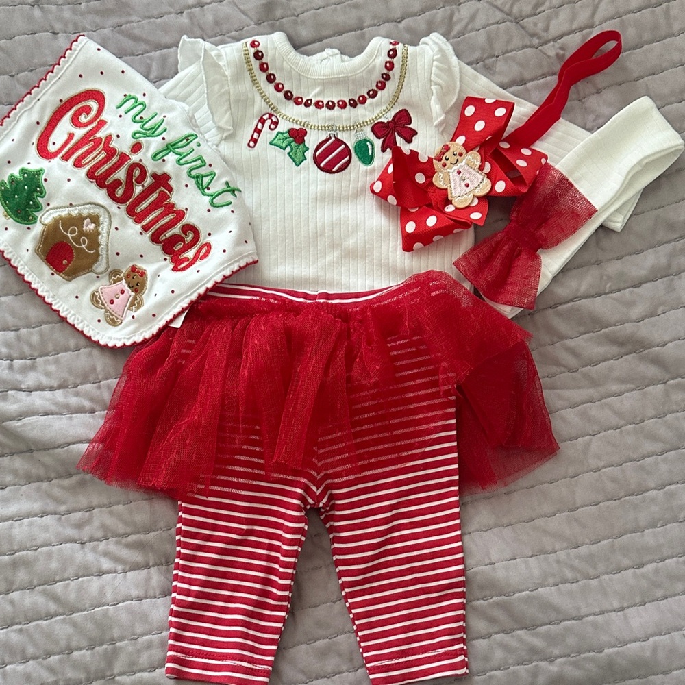 Baby Girls Red and White Christmas Tutu Legging Outfit with Bib and Headband